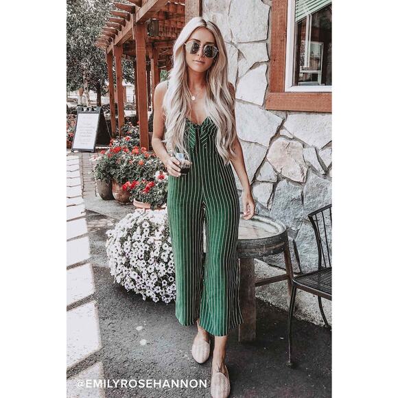 Faithfull The Brand Presley Jumpsuit Size Small Green Striped Tie-Front Wide-Leg - Picture 2 of 13